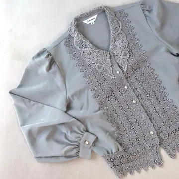 쇼와 레트로 레이스 블라우스 그레이 펄 버튼 이중 옷깃 빈티지