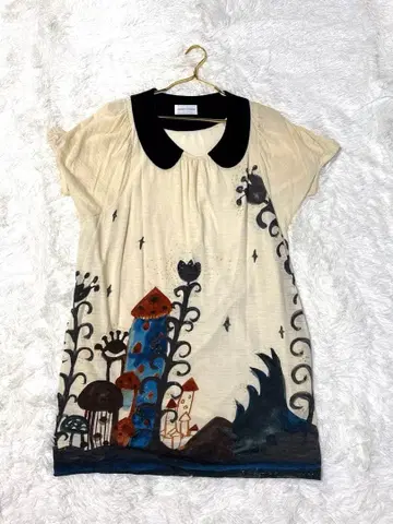 츠모리치사토 원피스 튜닉 아트 패턴 고양이 버섯 벨로아 옷깃 새상품급