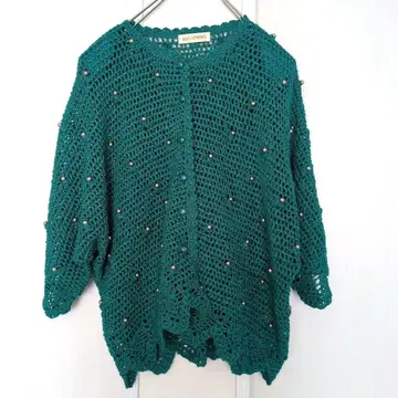 빈티지 80s 스프링 니트 비즈 에메랄드 그린 여성 빈티지 레트로