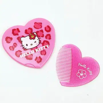 키티 산리오 하트형 거울 빗 핑크 레오파드 무늬