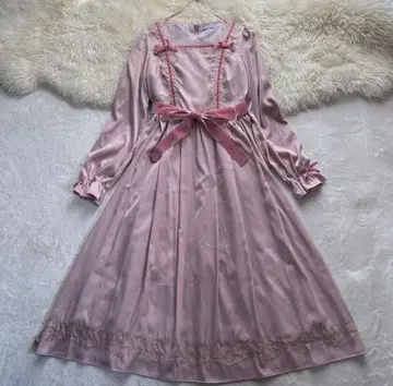 엑시즈팜 빈티지 새틴 원피스 더스티 핑크 프릴 긴팔