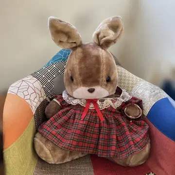 쇼와 레트로 토끼 봉제 인형 빨간색 체크 드레스 특대형