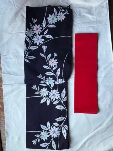 유카타 여성용 네이비 꽃무늬+빨간색 오비 세트