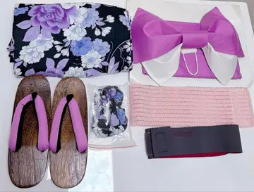 [미사용품 블랙 보라색 꽃무늬 유카타 오비 세트] 무료배송!