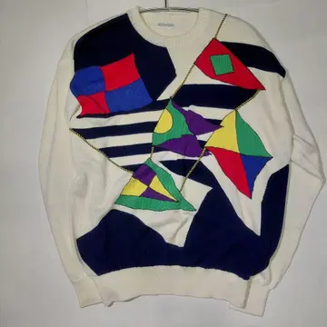 GREEN CLUBS 올 패턴 코튼 니트 멀티 컬러 레트로 개성파 L