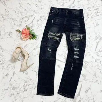 [레어 아이템, 품절 임박] 데님 청바지, 블랙, 데미지, 미각 스타일