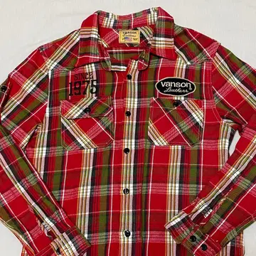VANSON 플란넬 체크 셔츠 빨간색 그린 S 와펜 로고