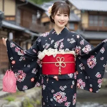 여성용 유카타 세트 기장 159cm 블랙 벚꽃 만들기 오비 크림슨 레이스