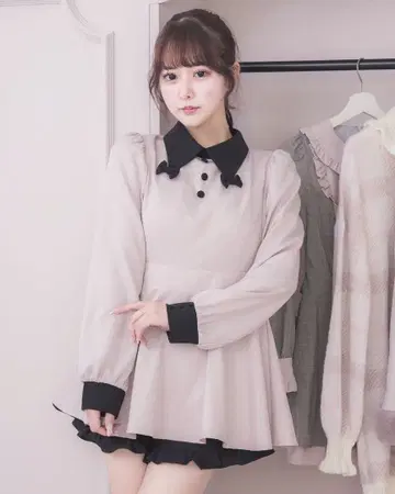 pium 리본 칼라 긴팔 셋업 핑크