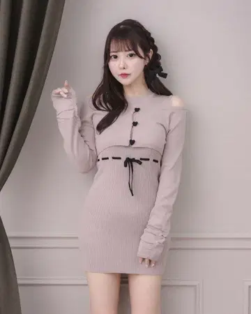 pium 하트 버튼 니트 원피스 세트 핑크