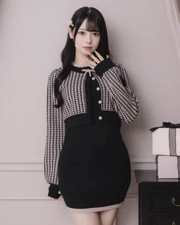 pium 비쥬 리본 니트 원피스 세트 블랙 x 핑크