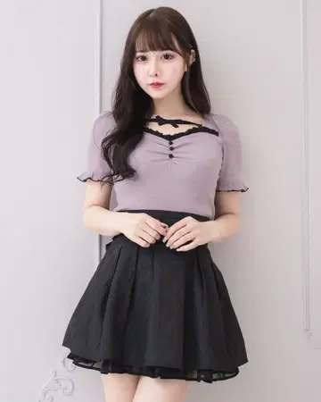 pium 프론트 버튼 리본 테이프 티셔츠 핑크