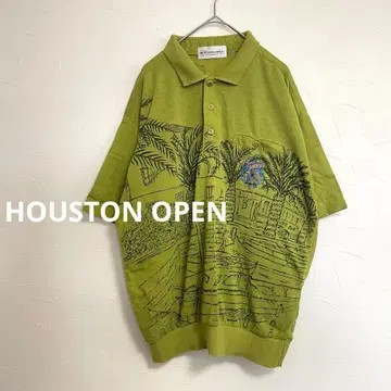 휴스턴 오픈 야자수 자수 로고 빈티지풍 린넨 혼방 반팔 피케 셔츠 L