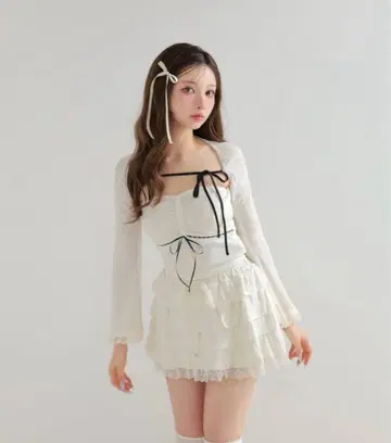 m me eme 벨 슬리브 리본 베어 탑