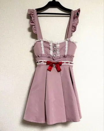 Ank Rouge 하트 비쥬 리본 오버롤 스커트