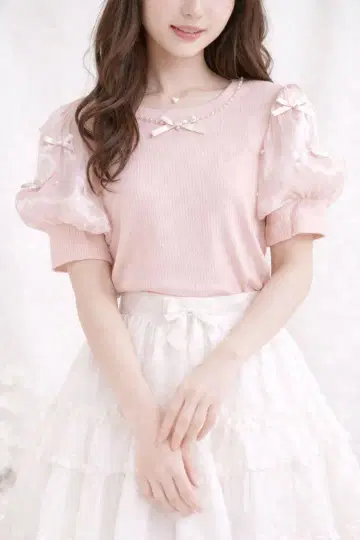 [택 포함 새상품] 펄 리본 퍼프 소매 상의 2세트 양산형 공주님