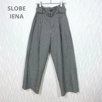슬로브 이에나 깅엄 체크 하이웨스트 벨트 와이드 팬츠