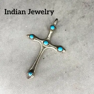 IndianJewelry L.B. 각인 크로스 목걸이 탑 터콰이즈