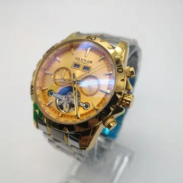 GLENAW 남성용 손목시계 뒷면 스켈레톤 자동 와인딩 골드 x 실버