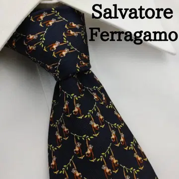 살바토레 페라가모 고급 실크 넥타이 올 패턴 (원숭이) 블랙