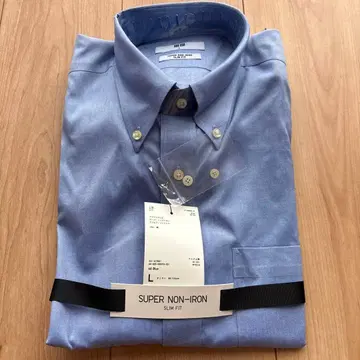 새상품 유니클로 슈퍼 논아이론 슬림핏 셔츠 블루 L 면100