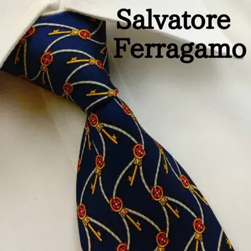 살바토레 페라가모 고급 실크 넥타이 올 패턴 네이비