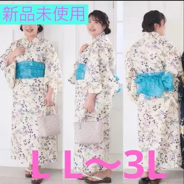 꽃무늬 유카타 터콰이즈 블루 오비 세트 LL~3L 미사용 새상품