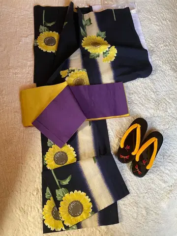 [ 삼비 ] 해바라기 무늬 유카타 오비 일본 나막신 세트 불꽃축제 여름