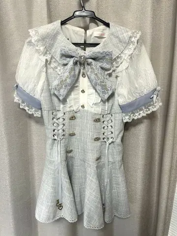 LIZLISA 반팔 메시지 리본 트위드 셋업 블루