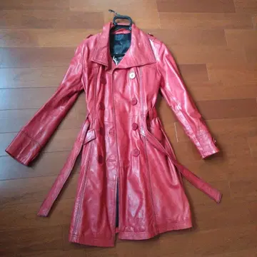 빨간색 천연 가죽 트렌치코트