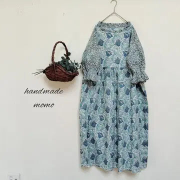 handmade 윌리엄 모리스 원단 원피스 7부 소매 free 블루