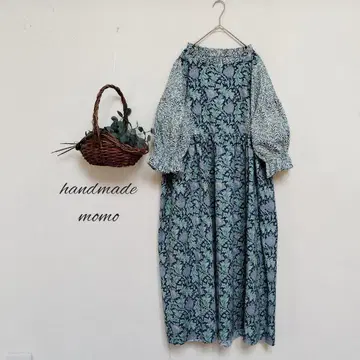 handmade 윌리엄 모리스 원단 7부 소매 원피스 free 네이비
