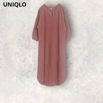 유니클로 와플 원피스 7부 소매 핑크 M 코튼 혼방 심플