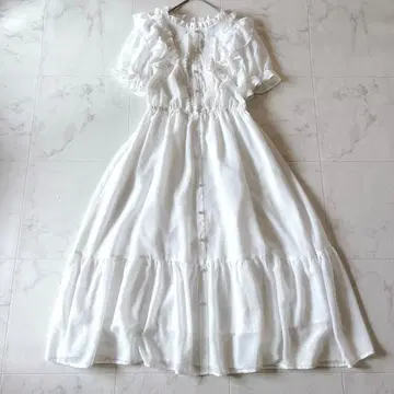 새상품급 엑시즈팜 프릴 레이스 원피스 펄 리본 롱 화이트