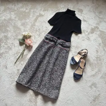 A264 폴카 도킹 원피스 반팔 니트 트위드 스커트 벨트