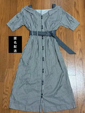 RADYAZEL 스트라이프 패턴 반팔 무릎 기장 원피스 벨트 포함