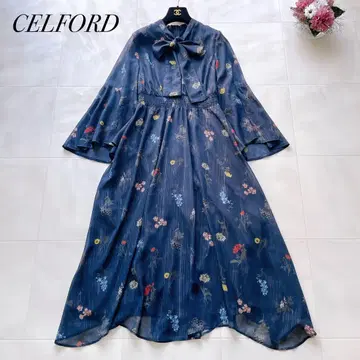 현행 새상품급 2026 셀포드 플라워 프린트 보타이 원피스 네이비