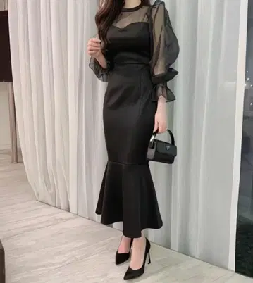 시스루 긴팔 플레어 롱 원피스 S