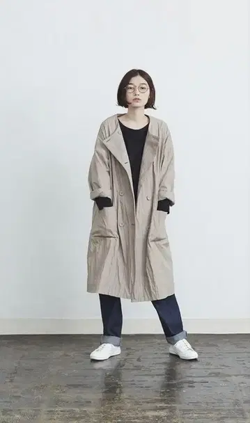 아틀리에 나루세 코튼 나일론 W 버튼 스프링 코트 베이지 택 포함 새상품