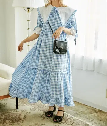 쿠틸과 레트로 코튼 레이스 티어드 깅엄 체크 원피스