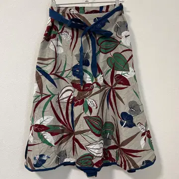 보태니컬 무늬 롱 스커트 리본 벨트 포함 하와이안 네이비