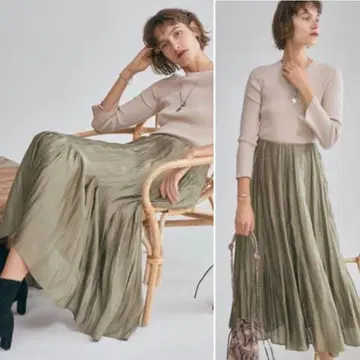 미라 오웬 새틴 턱 플리츠 롱 스커트 올리브 그린