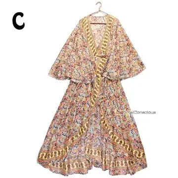 샐리 실크 플레어 소매 가운 타입 맥시 길이 원피스 C