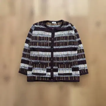 총 패턴 니트 가디건 브라운 F 울 혼방 모헤어풍 레트로 구제 의류