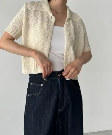 El mar 비스코스 카라 부착 반팔 니트 가디건 2024ss