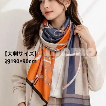 스카프 스톨 실크 100% 대형 마구 패턴 오렌지 네이비 고급 고급