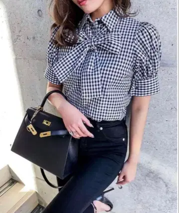 셰리에 퍼프 슬리브 탑스 깅엄