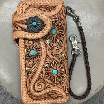 가죽 장지갑 손 조각 꽃 무늬 터콰이즈 장식