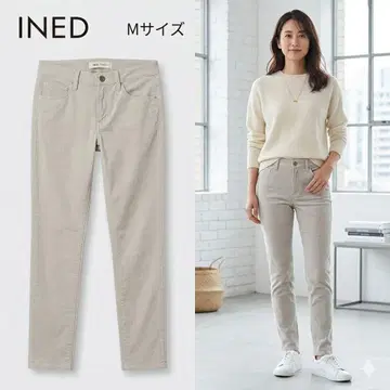 INED 이네드 밑단 백 지퍼 스키니 팬츠 라이트 베이지 M 새상품급