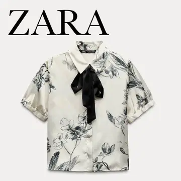 ZARA 리본 포함 프린트 패턴 셔츠 반팔 블라우스 새틴 꽃무늬